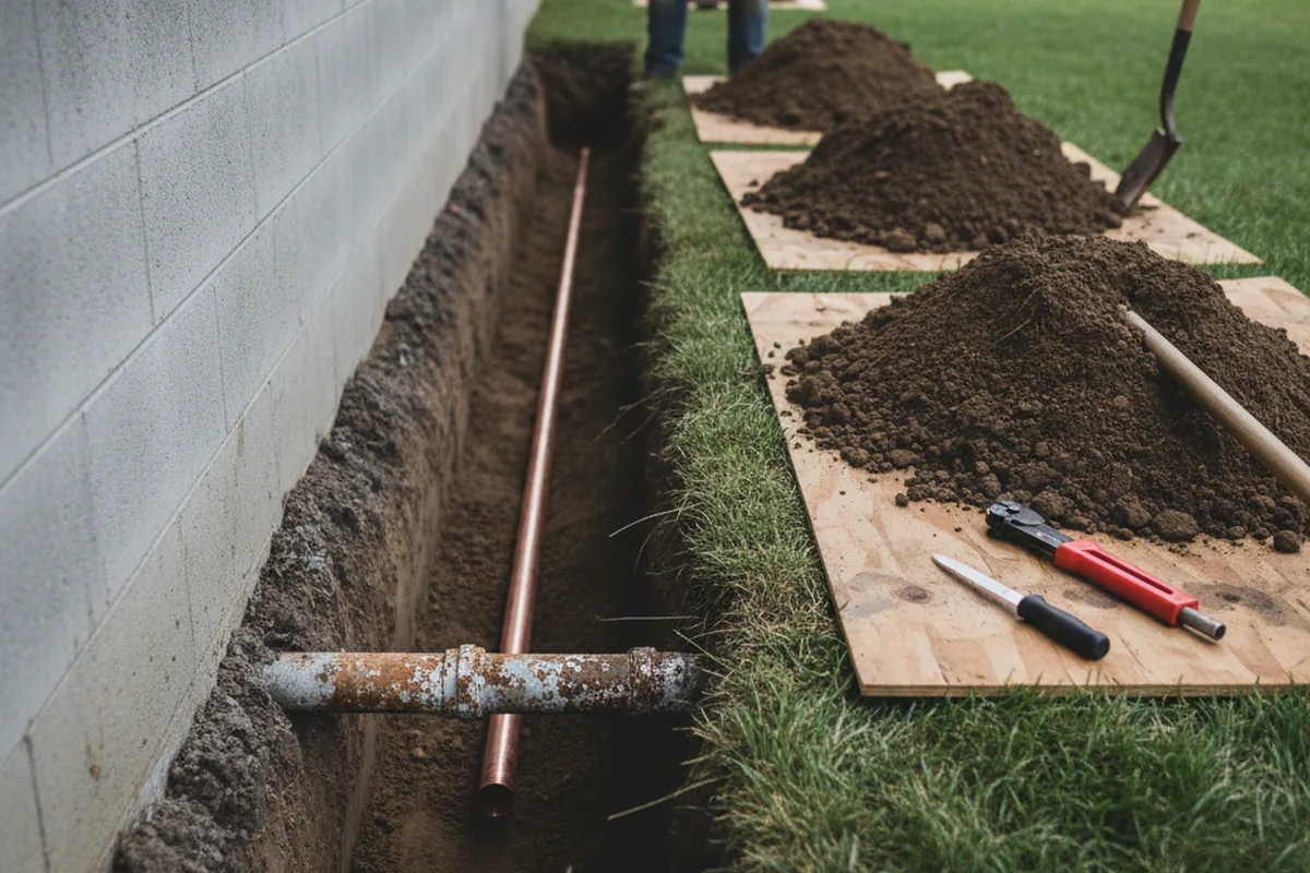Excavated water line trench during Water Softener Installation in Pleasantville